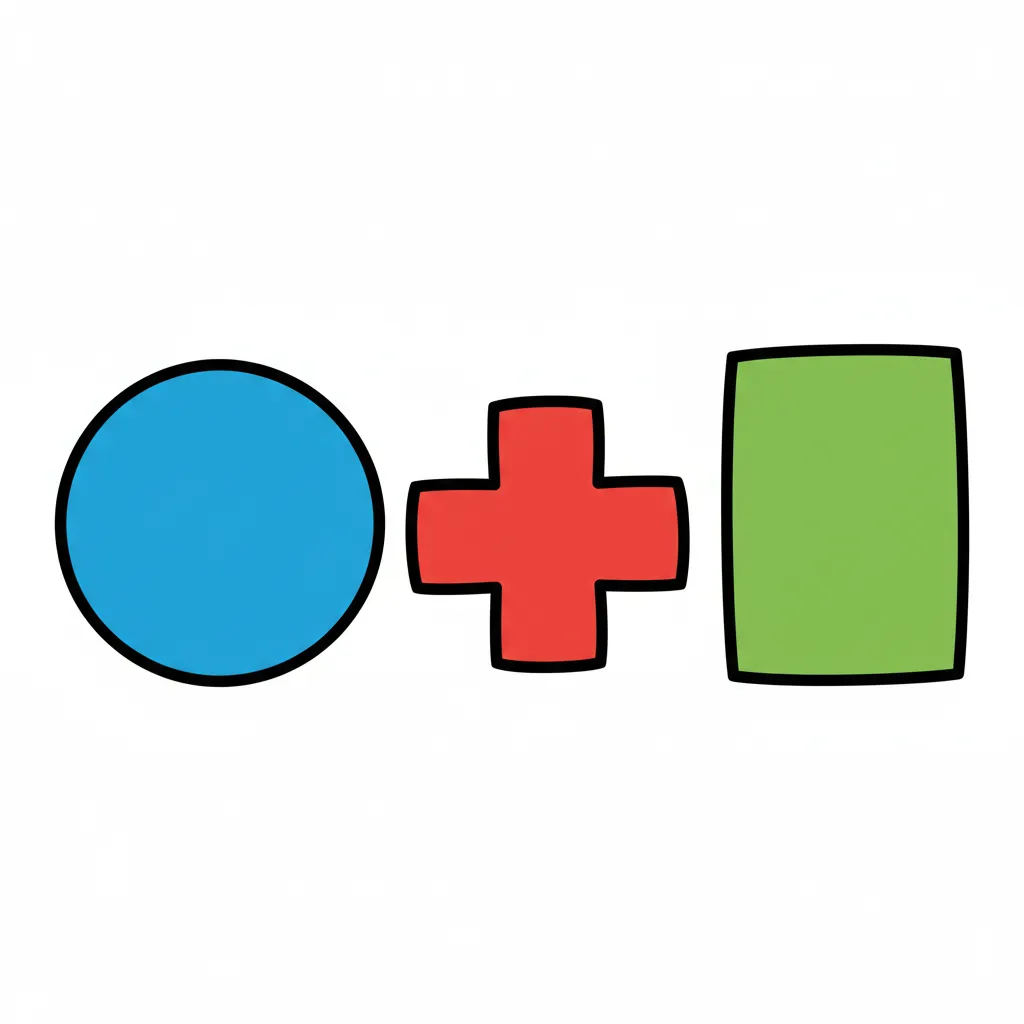 Drei große, bunte Formen nebeneinander. Links: ein blauer Kreis. Mitte: ein rotes Kreuz. Rechts: ein grünes Rechteck. Jede Form ist groß, klar und deutlich. Kindgerechter Illustrationsstil im Cartoon-Stil auf weißem Hintergrund.