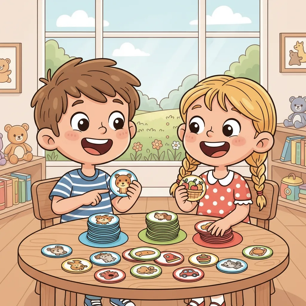 Zwei fröhliche Kinder sitzen am Tisch. Vor ihnen liegen bunte Bildkarten. Sie sortieren die Karten in drei Stapel. Die Kinder lachen und zeigen auf die Karten. Heller, freundlicher Hintergrund. Kindgerechter Illustrationsstil im Cartoon-Stil.