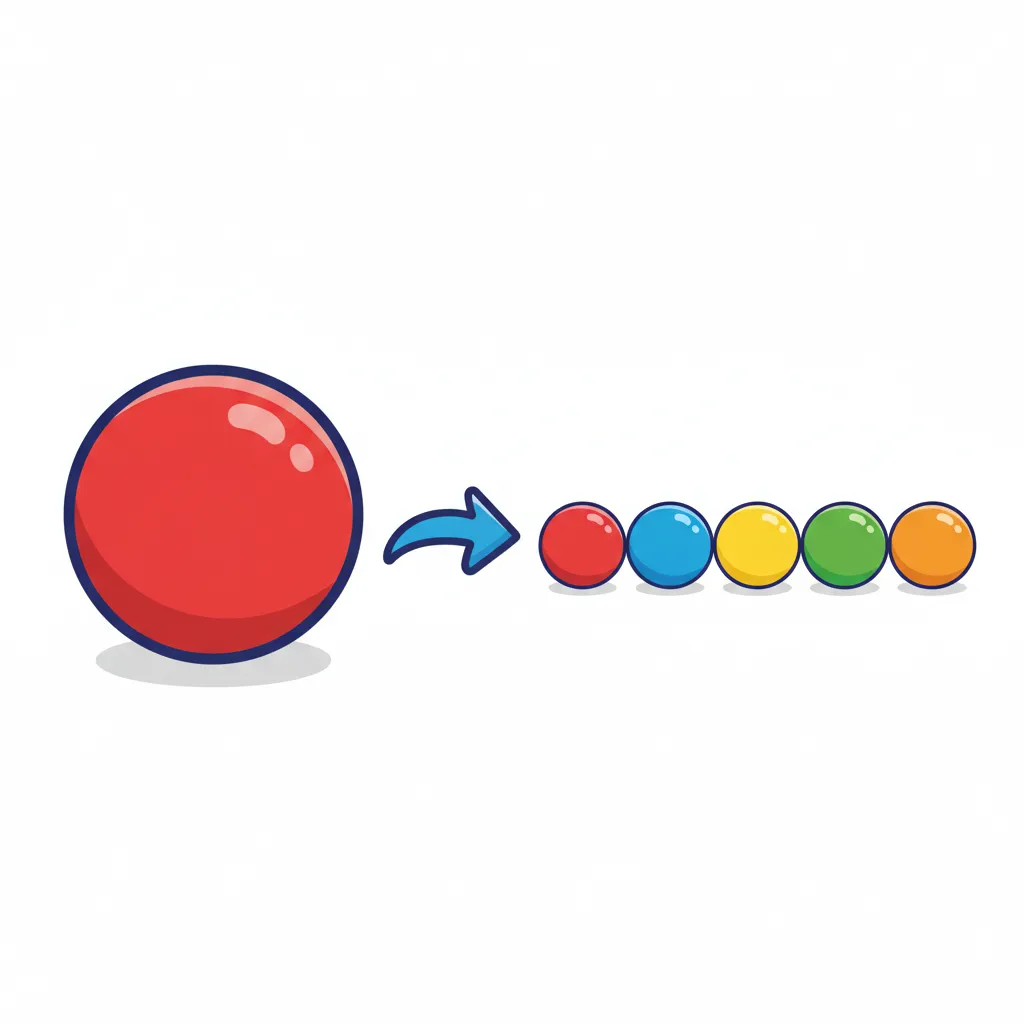 Links auf dem Bild: ein einzelner großer roter Ball. Ein Pfeil zeigt nach rechts. Rechts auf dem Bild: fünf bunte Bälle in verschiedenen Farben (rot, blau, gelb, grün, orange) liegen nebeneinander. Kindgerechter Illustrationsstil im Cartoon-Stil auf weißem Hintergrund.