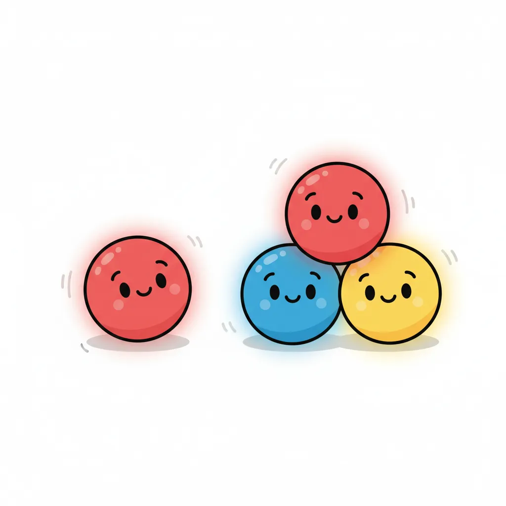 Links: ein einzelner roter Ball. Rechts: drei bunte Bälle (rot, blau, gelb). Kindgerechter Illustrationsstil im Cartoon-Stil auf weißem Hintergrund.