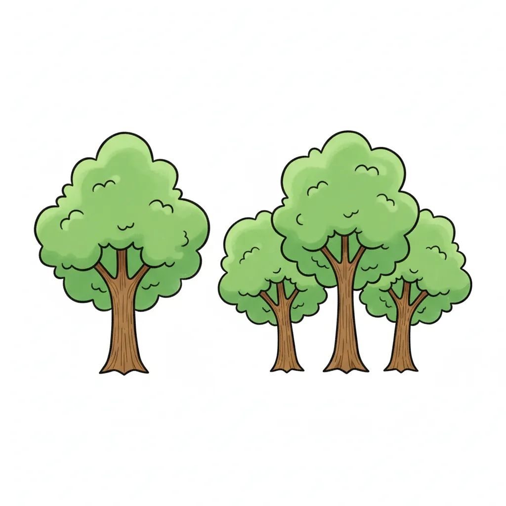Links: ein grüner Baum mit braunem Stamm. Rechts: drei grüne Bäume mit braunen Stämmen. Kindgerechter Illustrationsstil im Cartoon-Stil auf weißem Hintergrund.