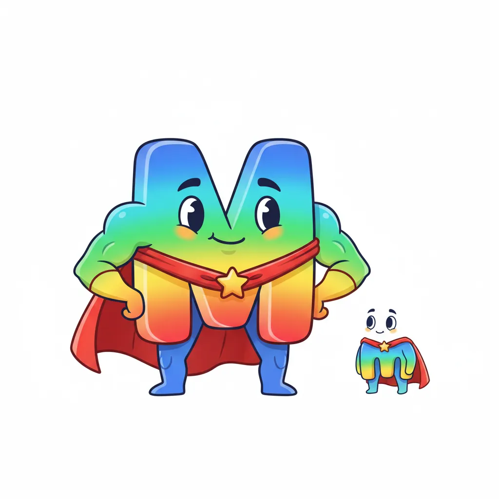 Ein großer, kräftiger Buchstabe M in leuchtenden Farben mit Superhelden-Cape. Der Buchstabe steht stark und groß da. Daneben ein kleiner Buchstabe m ohne Cape. Kindgerechter Illustrationsstil im Cartoon-Stil auf weißem Hintergrund.