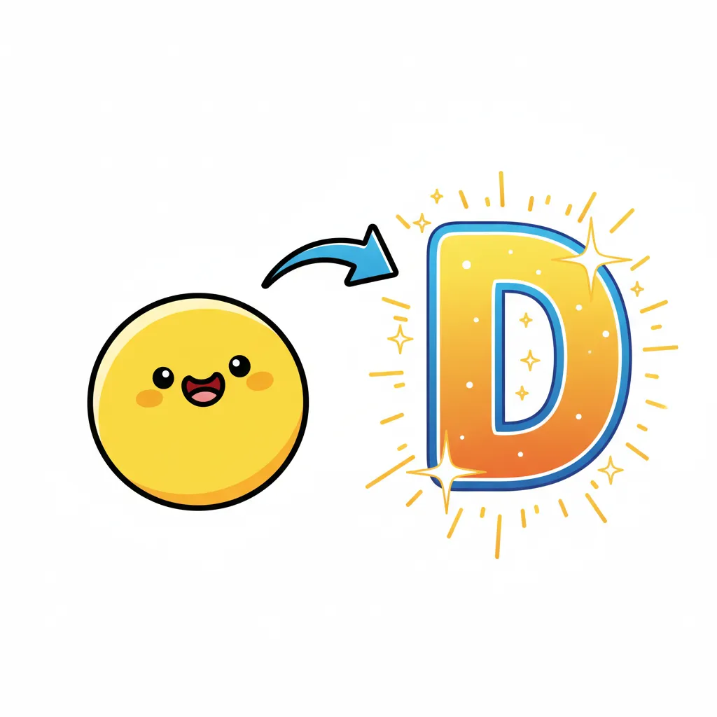 Ein fröhlicher, runder Punkt als Cartoon-Figur mit Gesicht. Ein Pfeil zeigt vom Punkt zu einem großen, strahlenden Buchstaben D. Der Buchstabe ist groß und leuchtend. Kindgerechter Illustrationsstil im Cartoon-Stil auf weißem Hintergrund.