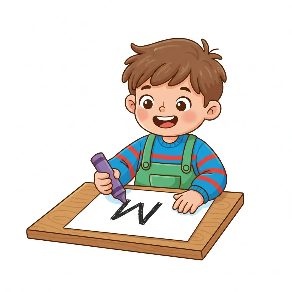 Ein fröhliches Kind sitzt am Tisch und schreibt. Vor dem Kind liegt ein Blatt Papier mit einem einzelnen großen Buchstaben M sichtbar. Das Kind lächelt stolz. Kindgerechter Illustrationsstil im Cartoon-Stil auf weißem Hintergrund.