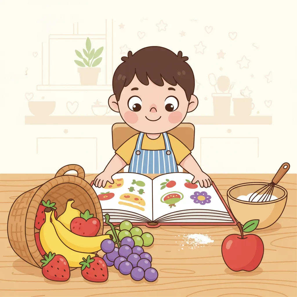 Ein Kind sitzt am Küchentisch und schaut auf ein Rezeptbuch. Auf dem Tisch liegen bunte Früchte: Erdbeeren, Bananen, Weintrauben und ein Apfel. Das Kind lächelt fröhlich. Kindgerechter Illustrationsstil im Cartoon-Stil auf hellem Hintergrund.