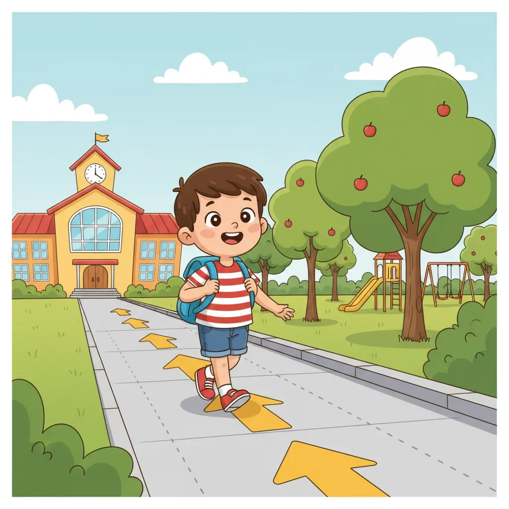 Ein fröhliches Kind geht auf einem Gehweg entlang. Im Hintergrund sieht man eine Schule und einen Park mit Bäumen. Der Weg ist klar zu erkennen. Pfeile zeigen die Richtung. Kindgerechter Illustrationsstil im Cartoon-Stil auf hellem Hintergrund.