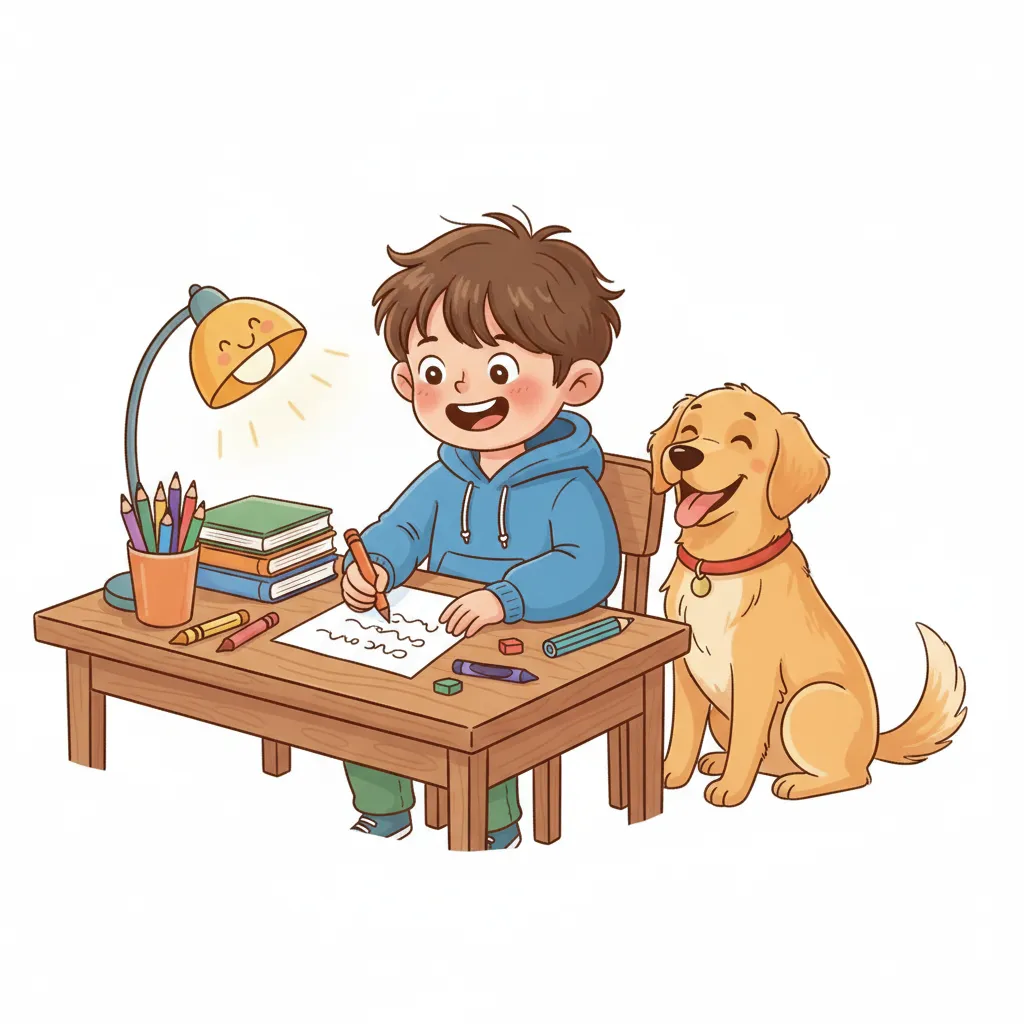 Ein Kind sitzt am Schreibtisch und schreibt auf ein Blatt Papier. Neben dem Kind sitzt ein fröhlicher Hund. Auf dem Papier sind kurze Zeilen zu sehen. Das Kind lächelt. Kindgerechter Illustrationsstil im Cartoon-Stil auf hellem Hintergrund.