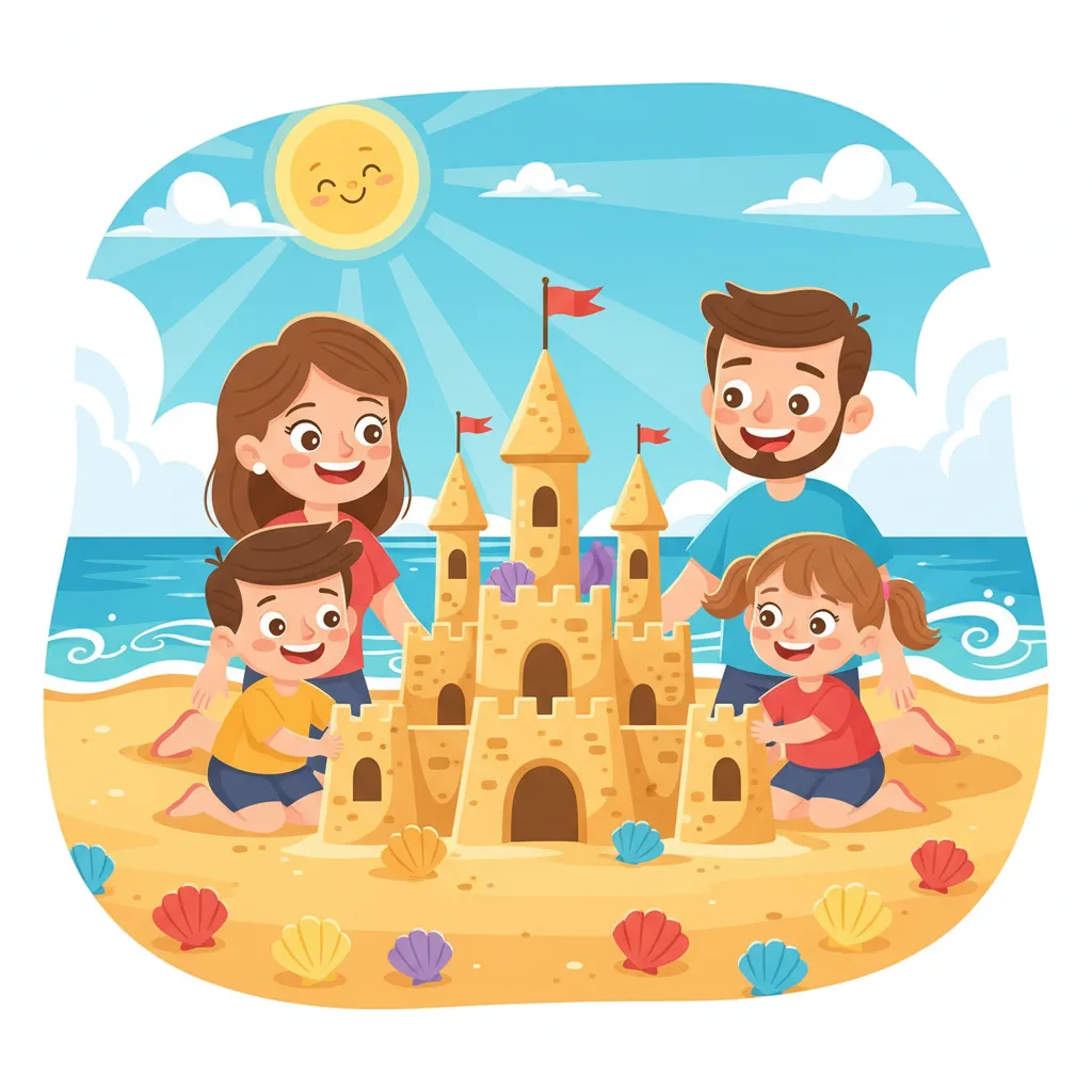 Eine fröhliche Familie am Strand. Zwei Kinder bauen eine große Sandburg mit Türmen. Die Sonne scheint am blauen Himmel. Blaues Meer mit kleinen Wellen im Hintergrund. Bunte Muscheln liegen im Sand. Kindgerechter Illustrationsstil im Cartoon-Stil auf hellem Hintergrund.