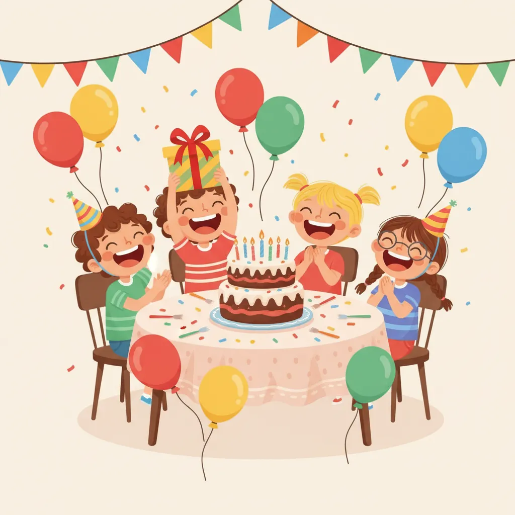 Vier fröhliche Kinder bei einer Geburtstagsfeier. Ein großer bunter Kuchen mit Kerzen steht auf dem Tisch. Bunte Luftballons und Girlanden. Ein buntes Geschenk mit Schleife. Alle Kinder lachen und haben Spaß. Kindgerechter Illustrationsstil im Cartoon-Stil auf hellem Hintergrund.