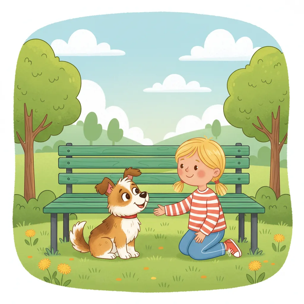 Ein kleiner Hund sitzt unter einer Parkbank. Ein freundliches Kind kniet daneben und streckt die Hand aus. Der Hund wedelt mit dem Schwanz. Grüne Bäume und Gras im Hintergrund. Die Szene ist warm und freundlich. Kindgerechter Illustrationsstil im Cartoon-Stil auf hellem Hintergrund.