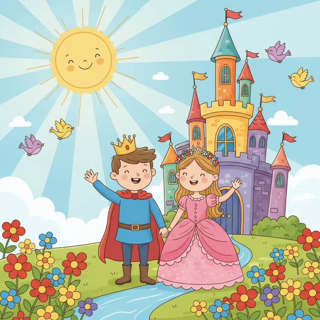 Ein fröhlicher Prinz und eine lächelnde Prinzessin stehen vor einem bunten Schloss. Die Sonne scheint hell. Vögel fliegen am Himmel. Blumen blühen rundherum. Alles wirkt fröhlich und friedlich. Kindgerechter Illustrationsstil im Cartoon-Stil. Helle, fröhliche Farben.