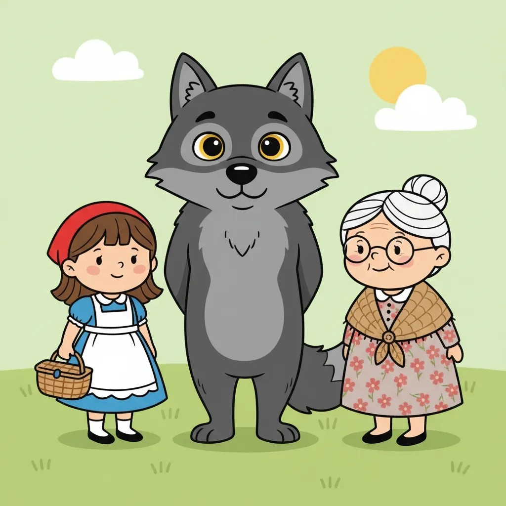 Ein kleines Mädchen mit roter Kappe und einem Korb, ein grauer Wolf mit großen Augen, und eine freundliche alte Frau mit Brille. Alle drei stehen nebeneinander. Einfache, freundliche Darstellung. Kindgerechter Illustrationsstil im Cartoon-Stil. Helle Farben.