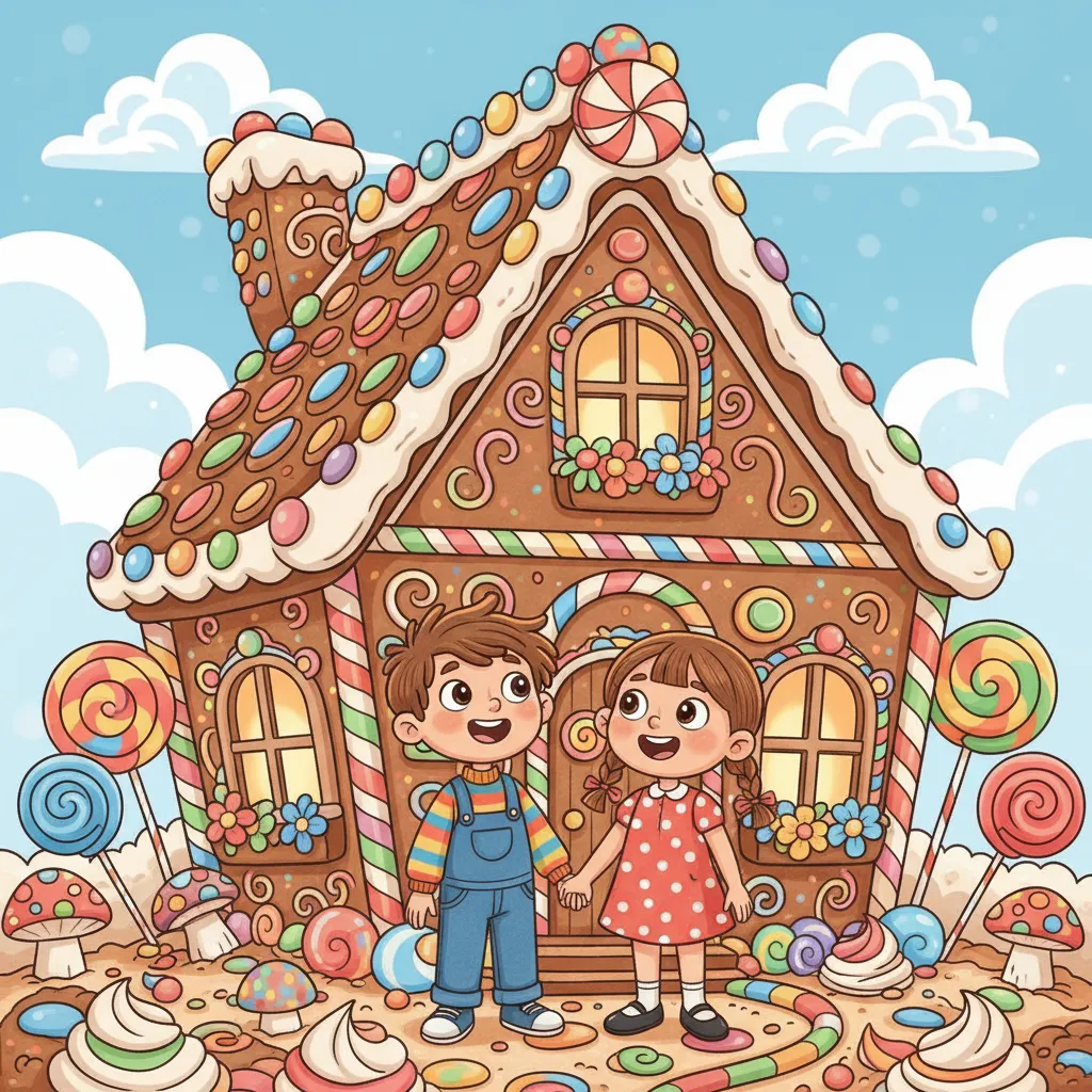 Zwei Kinder, ein Junge und ein Mädchen, stehen Hand in Hand vor einem bunten Haus aus braunem Lebkuchen mit Zuckerfenstern. Das Haus hat bunte Verzierungen. Die Kinder schauen neugierig. Heller Tag, freundliche Atmosphäre. Kindgerechter Illustrationsstil im Cartoon-Stil. Warme, bunte Farben.