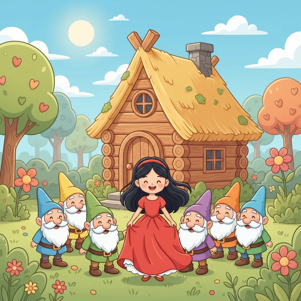 Ein Mädchen mit schwarzen Haaren und rotem Kleid steht bei sieben kleinen, freundlichen Männern mit bunten Mützen und Jacken. Sie stehen vor einem kleinen Waldhaus. Alle lächeln. Freundliche, warme Atmosphäre. Kindgerechter Illustrationsstil im Cartoon-Stil. Helle, fröhliche Farben.