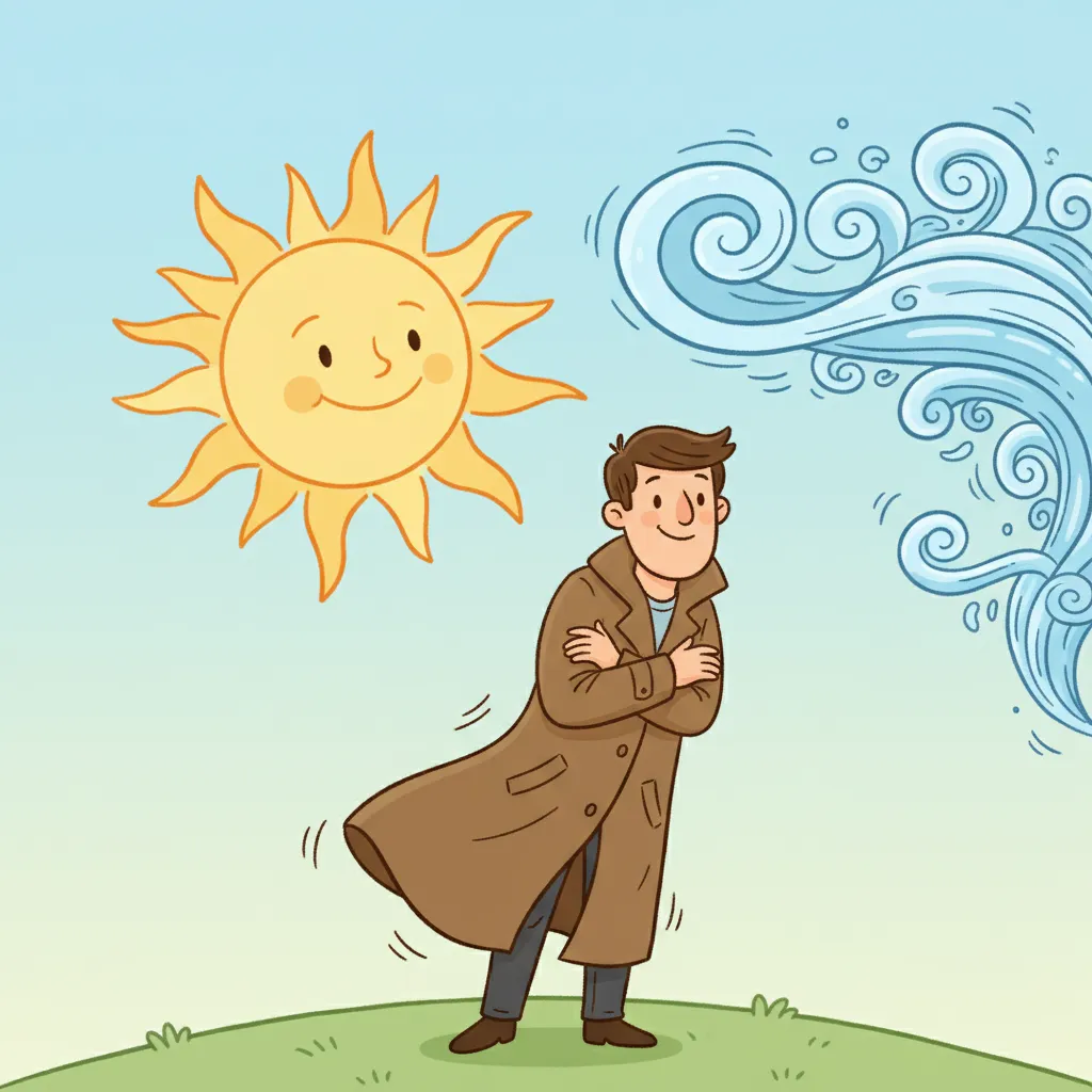 Eine freundliche, lächelnde Sonne auf der einen Seite und ein starker Wind mit Luftwirbeln auf der anderen Seite des Himmels. Unten steht ein Mann mit einem Mantel. Kindgerechter Illustrationsstil im Cartoon-Stil auf hellem Hintergrund.