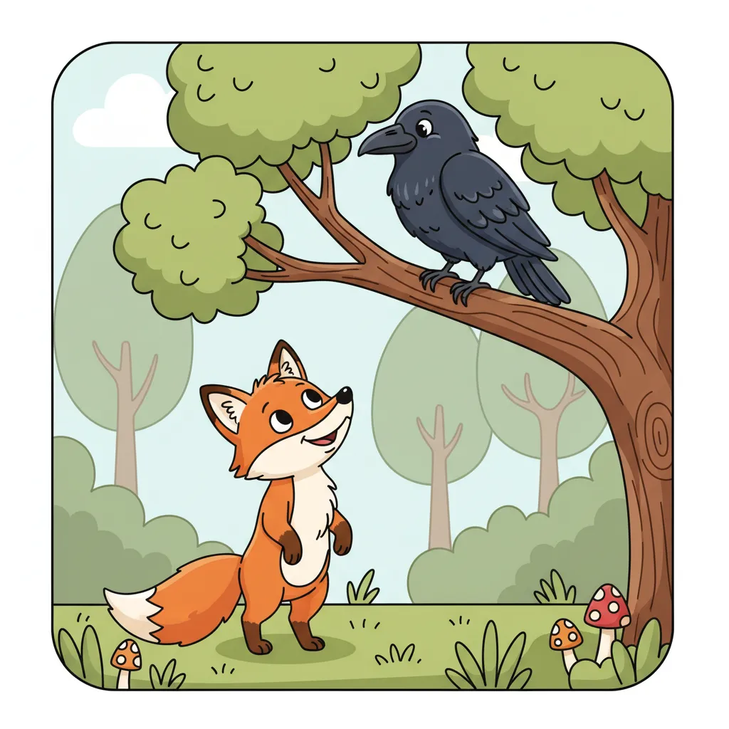 Ein schwarzer Rabe sitzt auf einem Ast oben im Baum. Unten steht ein orangefarbener Fuchs und schaut hoch. Der Fuchs lächelt freundlich. Wald im Hintergrund. Kindgerechter Illustrationsstil im Cartoon-Stil auf hellem Hintergrund.