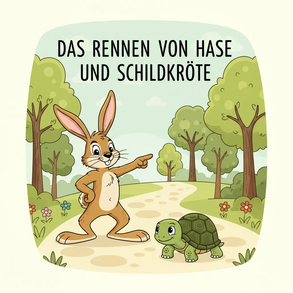 Ein schneller brauner Hase und eine langsame grüne Schildkröte auf einem Weg im Wald. Der Hase sieht selbstsicher aus, die Schildkröte ist klein aber entschlossen. Kindgerechter Illustrationsstil im Cartoon-Stil auf hellem Hintergrund.