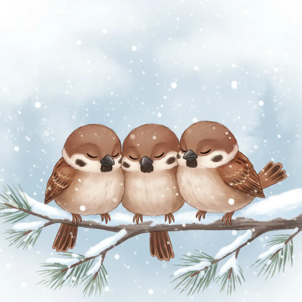 Drei kleine braune Spatzen sitzen ganz dicht zusammen auf einem Ast. Es schneit leise um sie herum. Die Spatzen haben ihre Augen geschlossen und kuscheln sich aneinander. Weißer Schnee fällt sanft vom Himmel. Kindgerechter Illustrationsstil im Cartoon-Stil. Warme, gemütliche Stimmung.