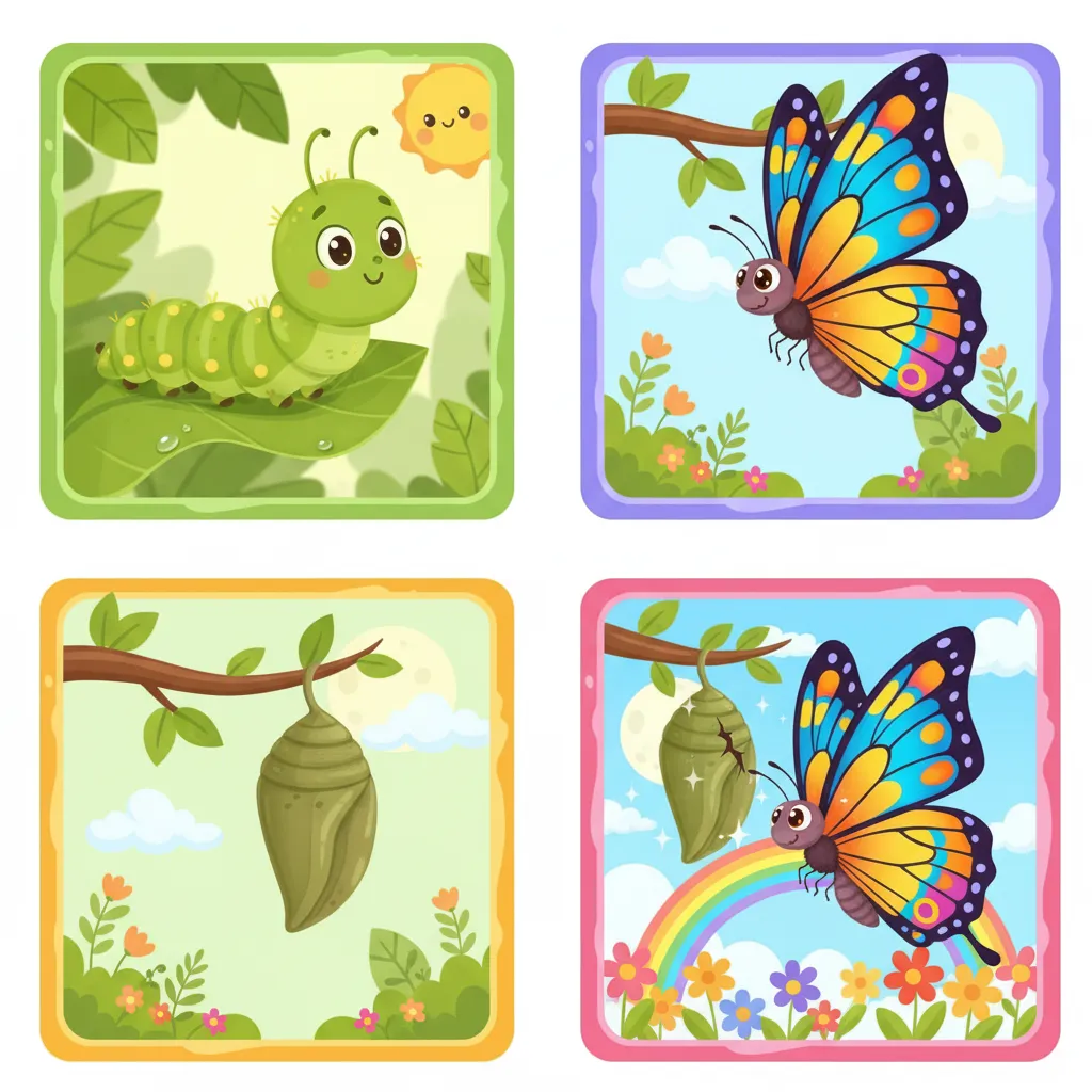 Vier Bilder nebeneinander zeigen die Verwandlung: 1) Eine grüne Raupe auf einem Blatt, 2) Ein Kokon an einem Zweig, 3) Der Kokon öffnet sich, 4) Ein bunter Schmetterling mit ausgebreiteten Flügeln fliegt. Kindgerechter Illustrationsstil im Cartoon-Stil mit hellen, fröhlichen Farben.