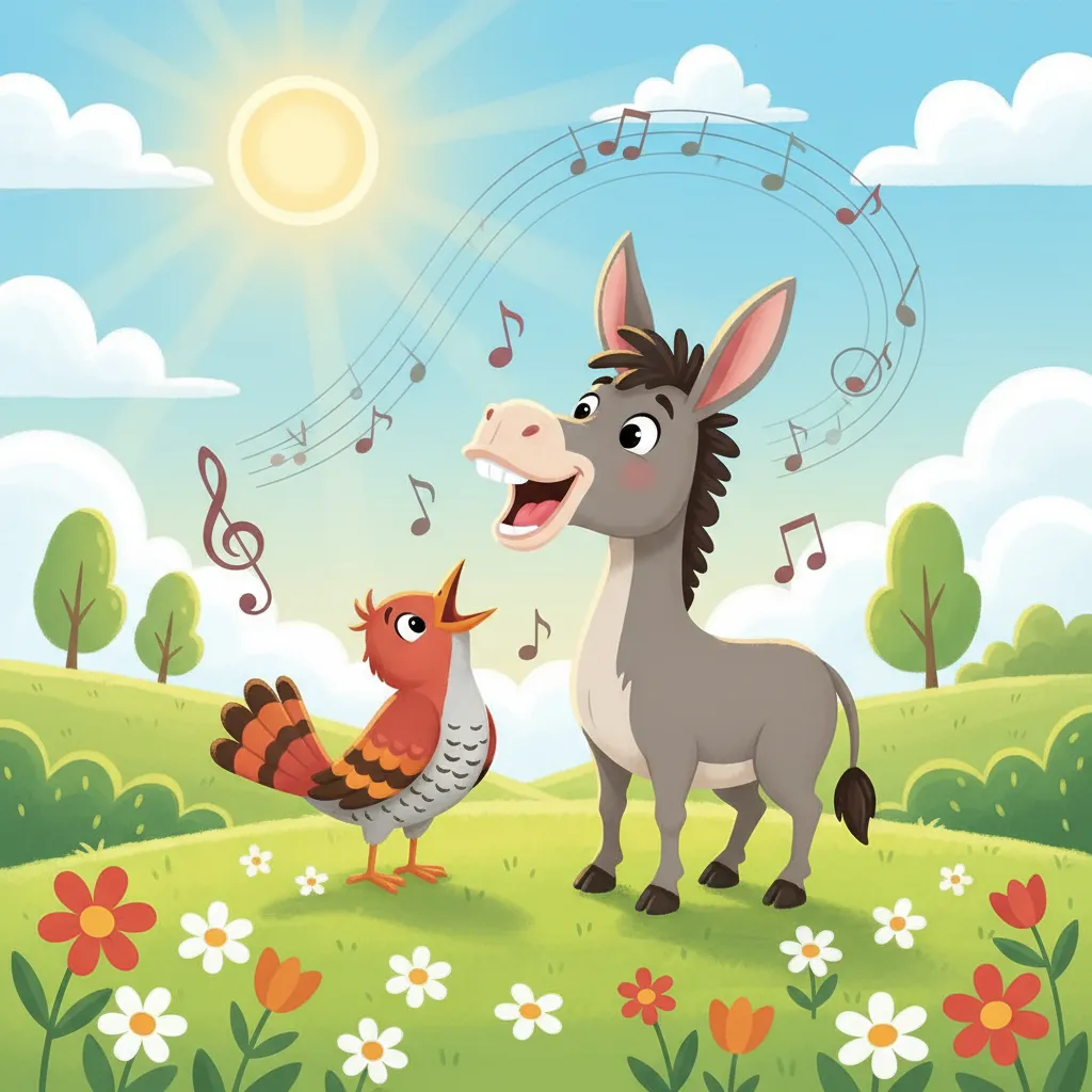 Ein grauer Esel und ein bunter Kuckuck-Vogel stehen nebeneinander auf einer Frühlingswiese mit Blumen. Beide haben den Schnabel bzw. das Maul geöffnet, als ob sie singen würden. Um sie herum fliegen Noten. Die Sonne scheint. Kindgerechter Illustrationsstil im Cartoon-Stil mit fröhlichen, hellen Farben.
