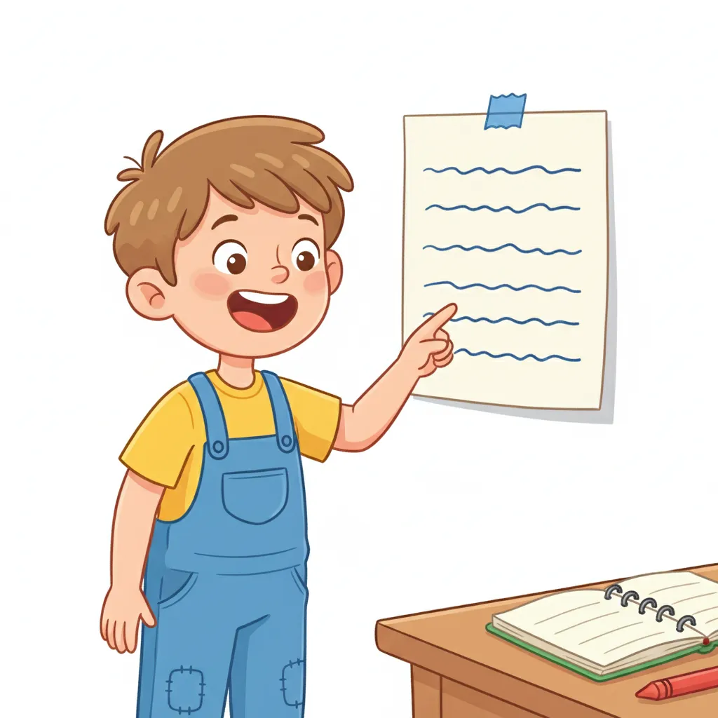 Ein fröhliches Kind (7-8 Jahre alt) steht vor einem an der Wand befestigten Blatt Papier und liest konzentriert. Das Kind hat einen Finger auf dem Papier. Auf dem Papier sind ein paar wellige Linien als Andeutung von Zeilen zu sehen, aber kein lesbarer Text. Im Hintergrund sieht man einen Schreibtisch mit einem aufgeschlagenen Heft und einem Stift. Helle, freundliche Farben. Kindgerechter Illustrationsstil im Cartoon-Stil auf weißem Hintergrund.