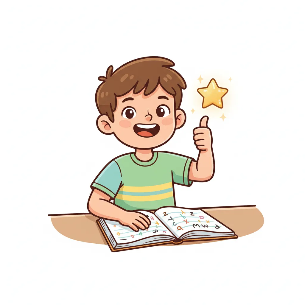Ein fröhliches Kind (7-8 Jahre alt) sitzt am Schreibtisch mit einem aufgeschlagenen Heft. Das Kind lächelt und zeigt einen Daumen nach oben. Auf dem Heft sind ein paar geschriebene Wörter zu sehen (nur einzelne Buchstaben sichtbar, kein lesbarer Text). Ein goldener Stern schwebt neben dem Kind als Symbol für Erfolg. Helle, positive Farben. Kindgerechter Illustrationsstil im Cartoon-Stil auf weißem Hintergrund.