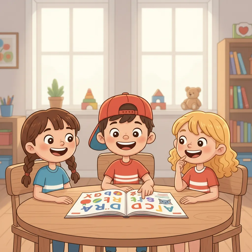 Drei fröhliche Kinder im Alter von 7-8 Jahren sitzen an einem Tisch. Sie schauen auf ein aufgeschlagenes Heft mit einzelnen Buchstaben. Ein Kind zeigt mit dem Finger auf das Heft. Die Kinder lächeln. Heller, freundlicher Hintergrund. Kindgerechter Illustrationsstil im Cartoon-Stil.