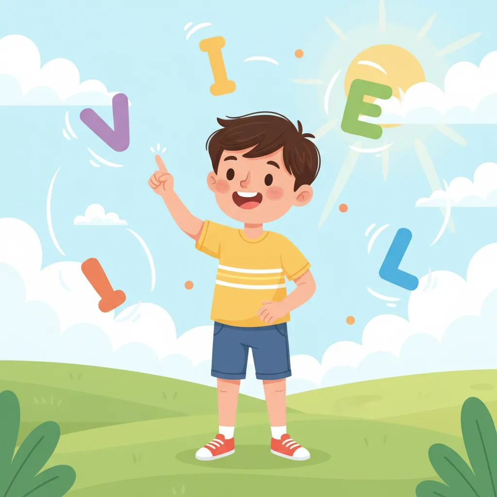 Ein fröhliches Kind im Alter von 7-8 Jahren steht und schreibt mit dem Finger große Buchstaben in die Luft. Das Kind lächelt. Um das Kind herum schweben bunte, einzelne Buchstaben (V, I, E, L). Heller, freundlicher Hintergrund. Kindgerechter Illustrationsstil im Cartoon-Stil.