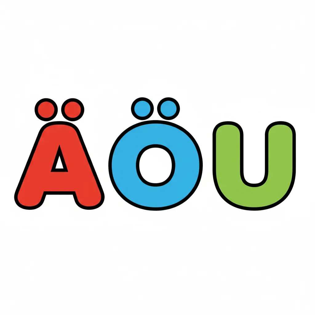 Drei große, bunte Buchstaben nebeneinander: ä (rot), ö (blau), ü (grün). Jeder Buchstabe hat deutlich sichtbare zwei Punkte oben. Sehr klar und einfach dargestellt. Kindgerechter Illustrationsstil im Cartoon-Stil auf weißem Hintergrund.