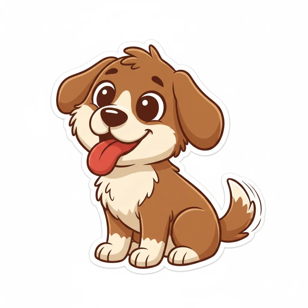 Ein freundlicher, brauner Hund sitzt und lächelt. Der Hund hat große Augen und eine rote Zunge. Kindgerechter Illustrationsstil im Cartoon-Stil auf weißem Hintergrund.