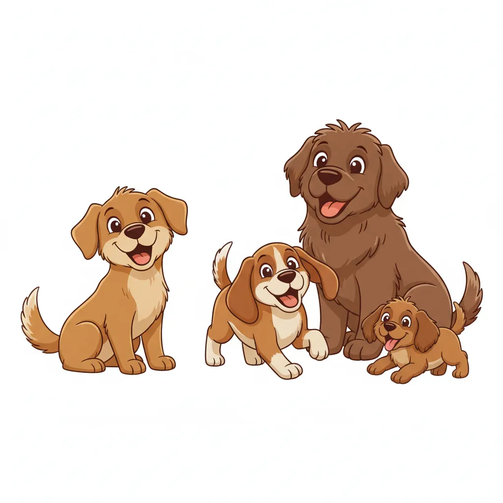 Links ein einzelner brauner Hund. Rechts drei braune Hunde verschiedener Größen. Alle Hunde lächeln freundlich. Kindgerechter Illustrationsstil im Cartoon-Stil auf weißem Hintergrund.