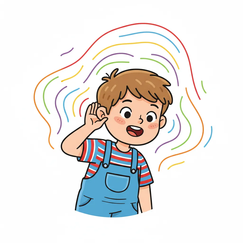Ein fröhliches Kind mit einer Hand am Ohr, das aufmerksam zuhört. Bunte Schallwellen sind um das Kind herum zu sehen. Kindgerechter Illustrationsstil im Cartoon-Stil auf weißem Hintergrund.