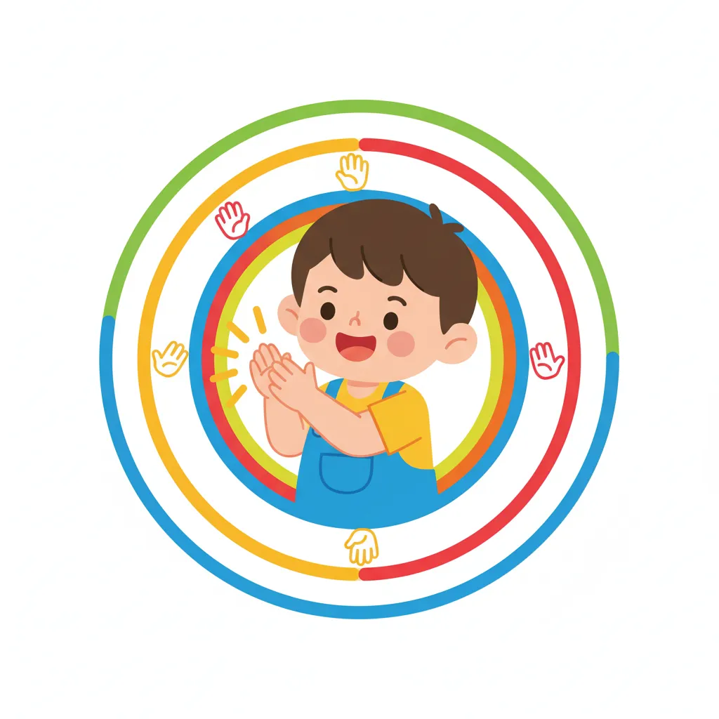 Ein fröhliches Kind, das in die Hände klatscht. Um das Kind herum sind bunte Kreise, die Klatschen darstellen. Kindgerechter Illustrationsstil im Cartoon-Stil auf weißem Hintergrund.