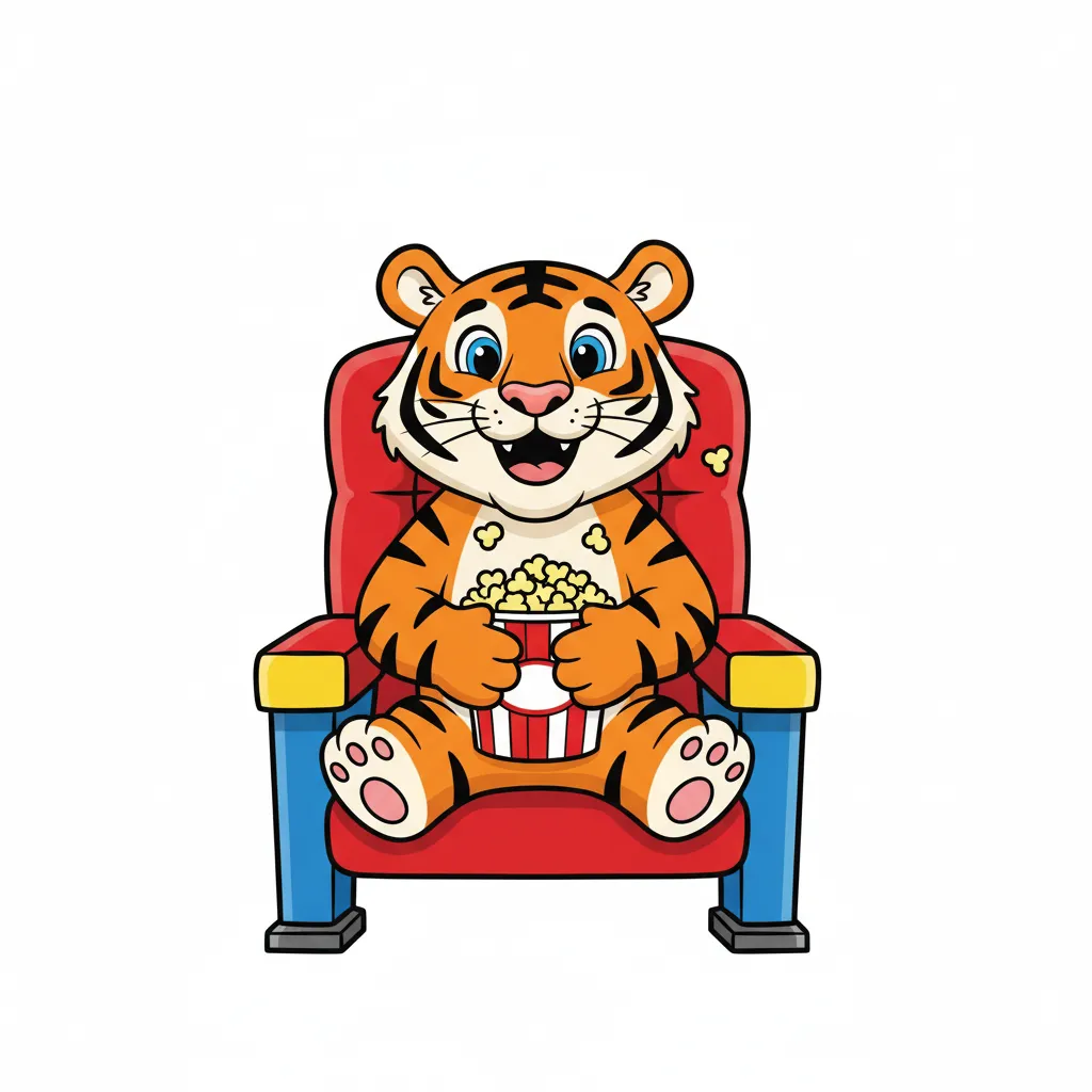 Ein freundlicher, gestreifter Tiger sitzt fröhlich in einem Kinosessel. Der Tiger lächelt. Einfache, bunte Darstellung. Kindgerechter Illustrationsstil im Cartoon-Stil auf weißem Hintergrund.