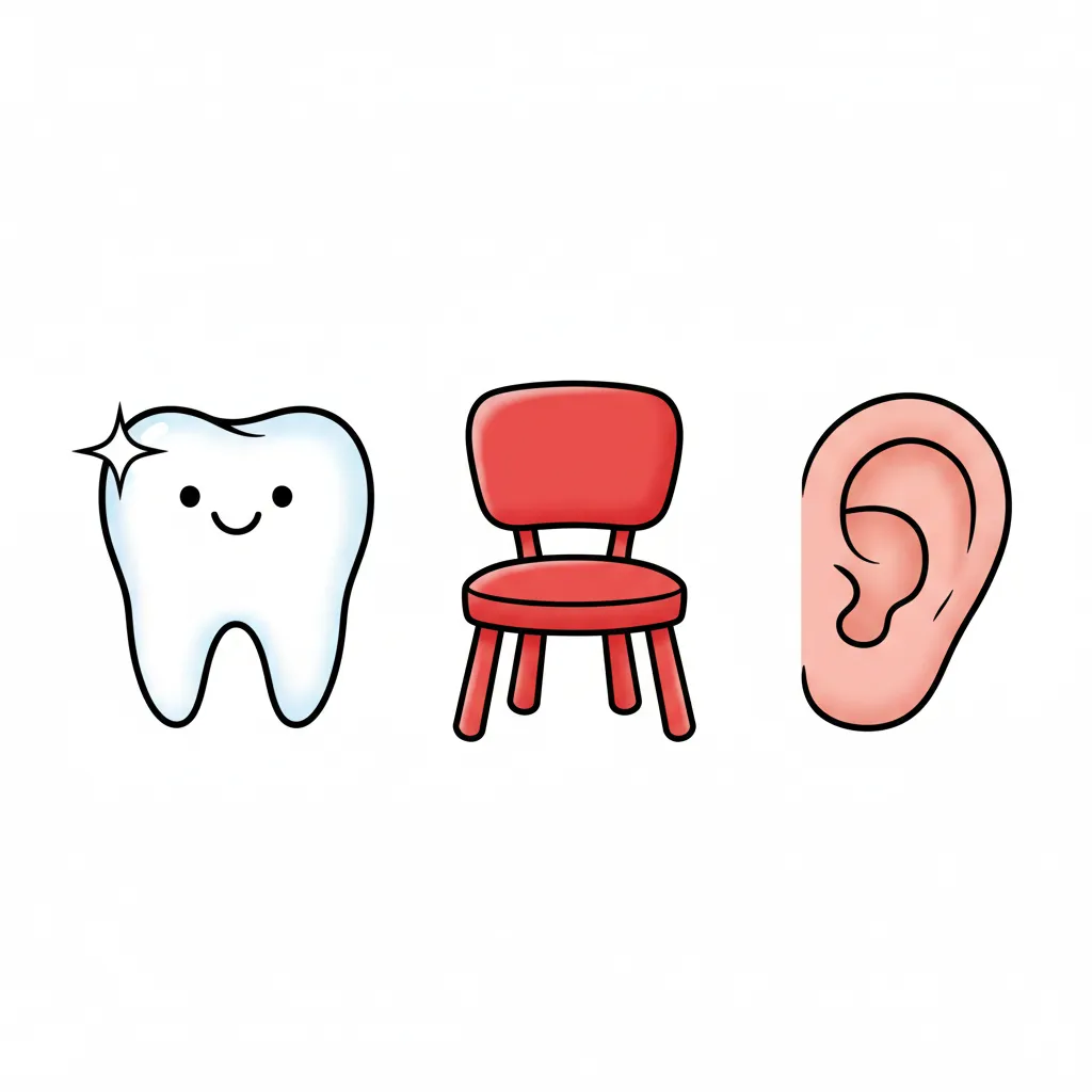Drei bunte Bilder nebeneinander: ein weißer Zahn mit Glanz, ein roter Stuhl mit vier Beinen, ein rosafarbenes Ohr. Kindgerechter Illustrationsstil im Cartoon-Stil auf weißem Hintergrund. Fröhlich und freundlich.