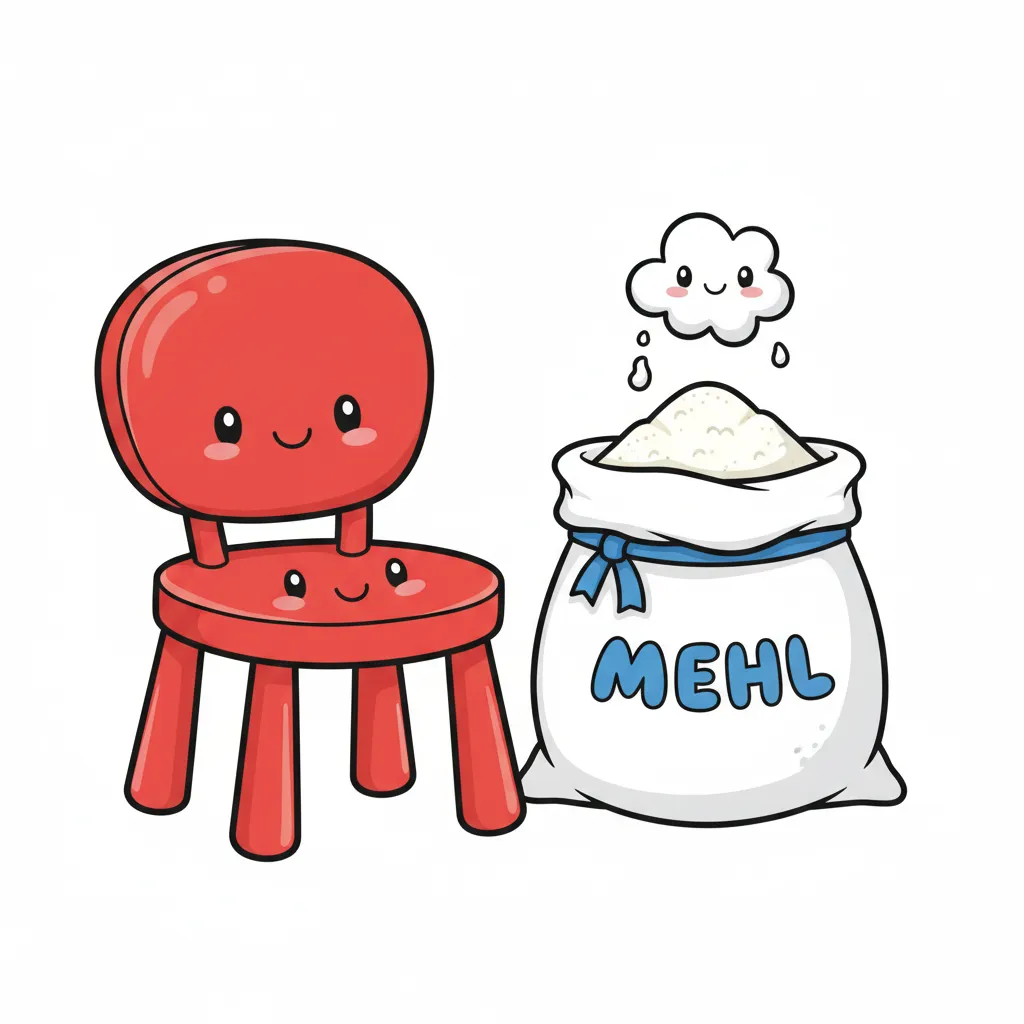 Links ein roter Stuhl mit vier Beinen, rechts ein Sack Mehl mit weißem Pulver. Beide Objekte groß und deutlich. Kindgerechter Illustrationsstil im Cartoon-Stil auf weißem Hintergrund. Freundlich und klar.