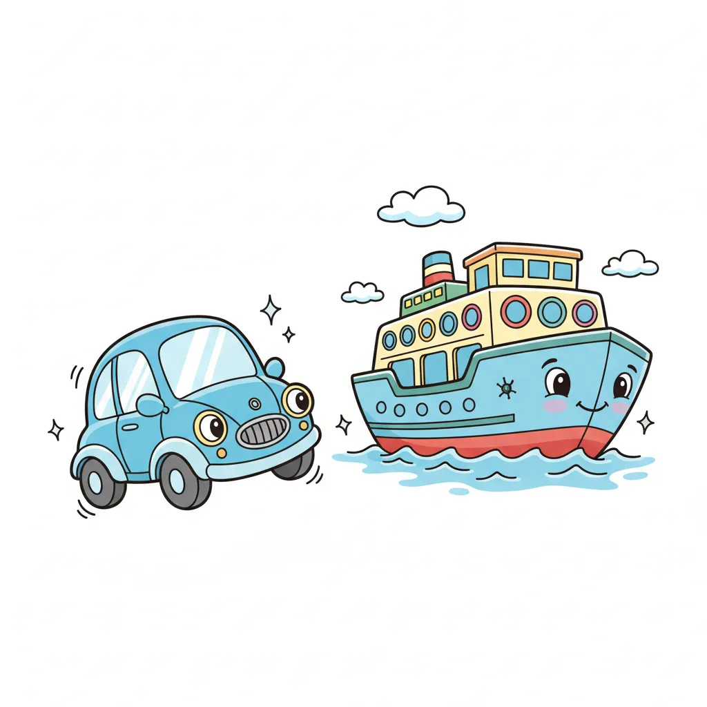 Links ein blaues Auto, rechts ein großes Schiff (Fähre) auf dem Wasser. Beide Objekte klar und freundlich. Kindgerechter Illustrationsstil im Cartoon-Stil auf weißem Hintergrund. Fröhlich und einladend.