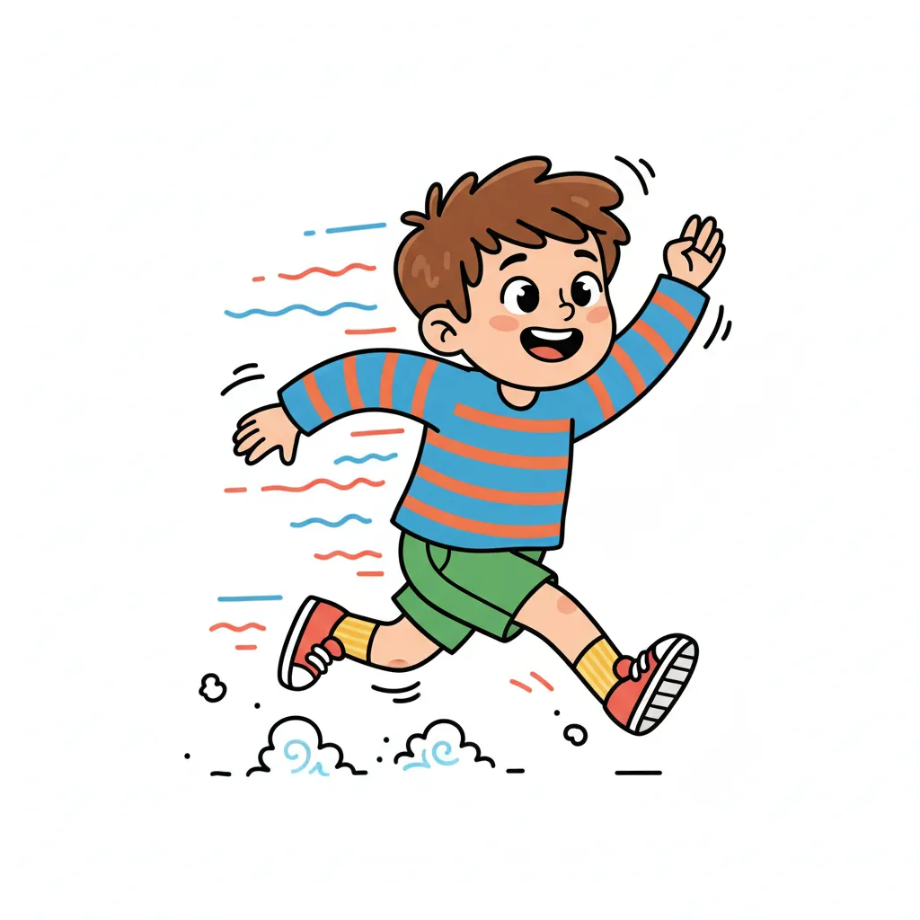 Ein fröhliches Kind läuft schnell. Das Kind hat kurze Haare und trägt bunte Kleidung. Bewegungslinien zeigen die Geschwindigkeit. Kindgerechter Illustrationsstil im Cartoon-Stil auf weißem Hintergrund.
