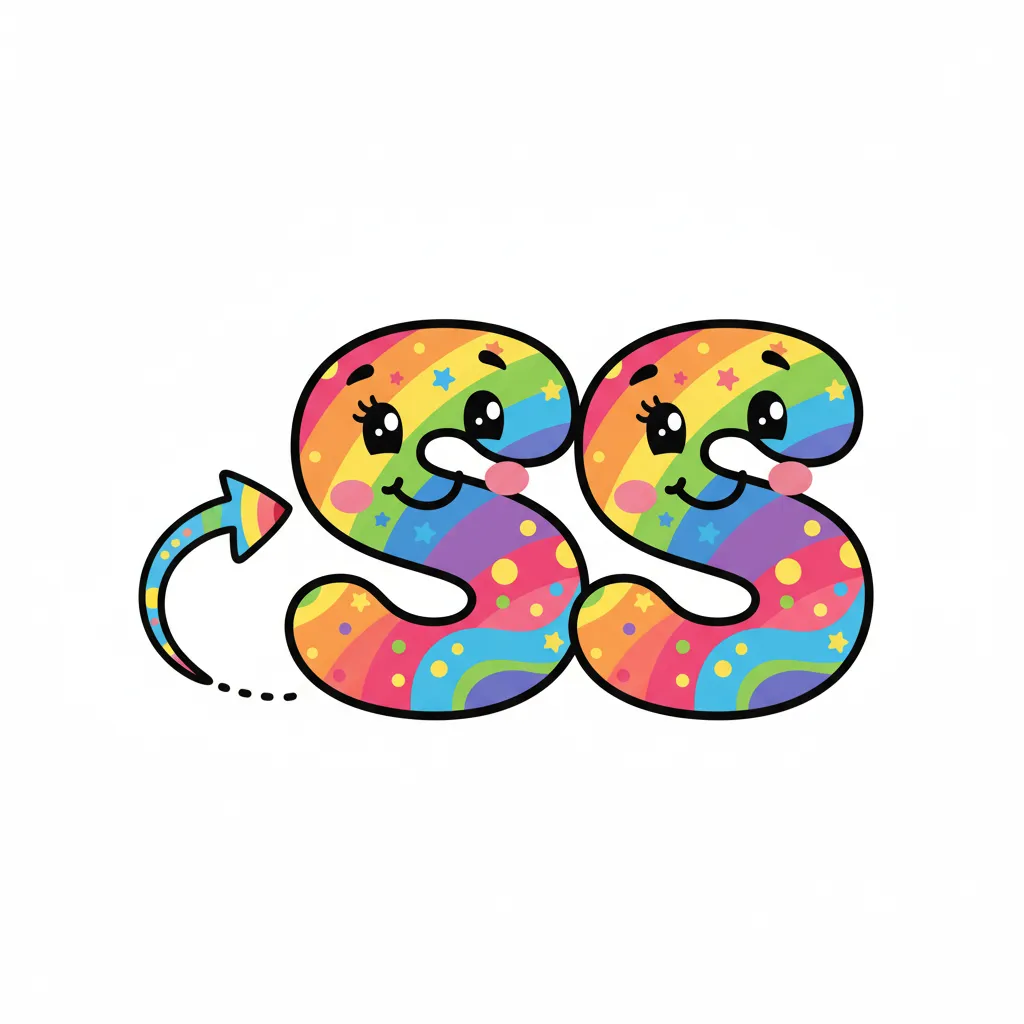 Zwei große Buchstaben s nebeneinander als ss. Die Buchstaben sind bunt und freundlich gezeichnet. Ein Pfeil zeigt von links auf die beiden Buchstaben. Kindgerechter Illustrationsstil im Cartoon-Stil auf weißem Hintergrund.