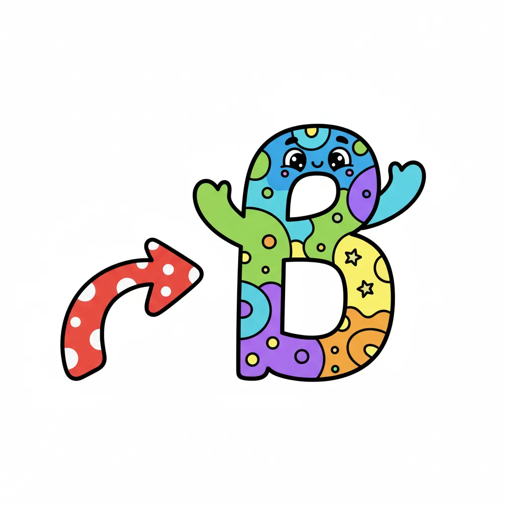 Ein großer, bunter Buchstabe ß. Der Buchstabe ist freundlich und einladend gezeichnet. Ein Pfeil zeigt auf den Buchstaben. Kindgerechter Illustrationsstil im Cartoon-Stil auf weißem Hintergrund.