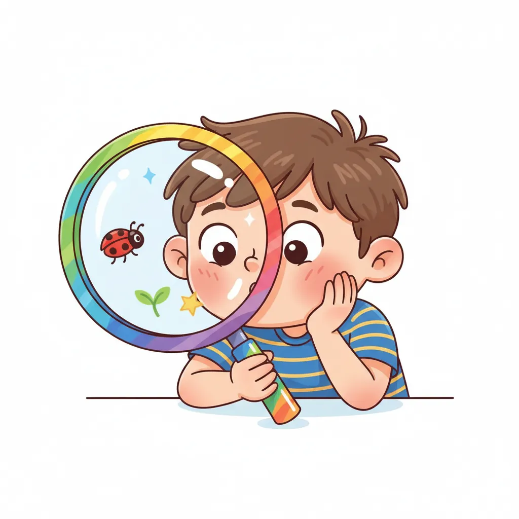 Ein fröhliches Kind schaut durch eine große bunte Lupe. Das Kind ist neugierig und aufmerksam. Kindgerechter Illustrationsstil im Cartoon-Stil auf weißem Hintergrund.