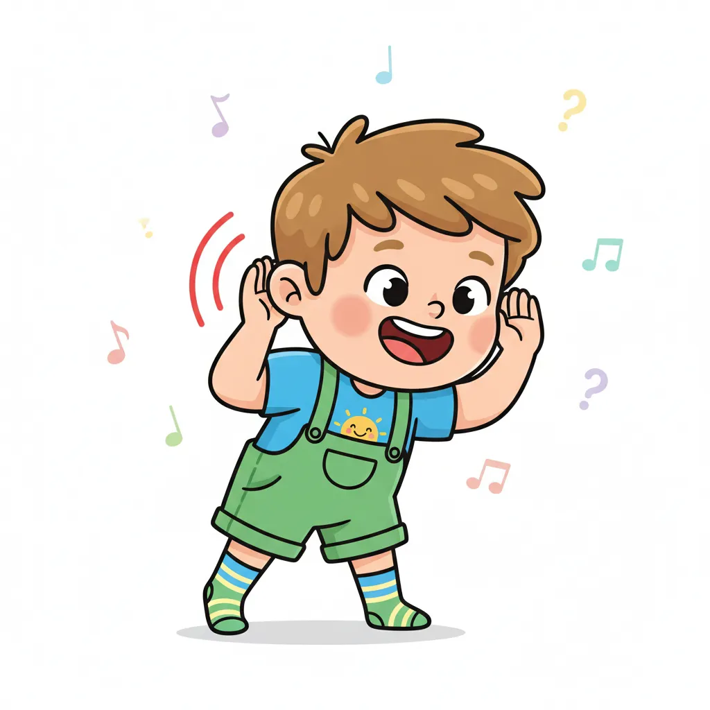 Ein fröhliches Kind hält die Hand ans Ohr und hört aufmerksam zu. Das Kind lächelt. Kindgerechter Illustrationsstil im Cartoon-Stil auf weißem Hintergrund.