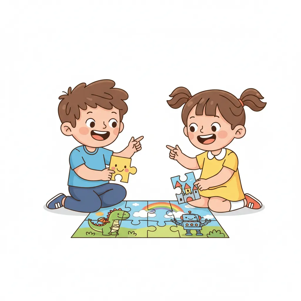 Zwei fröhliche Kinder im Cartoon-Stil arbeiten zusammen an einem Puzzle. Sie lächeln und helfen sich gegenseitig. Helle, freundliche Farben. Kindgerechter Illustrationsstil im Cartoon-Stil auf weißem Hintergrund.