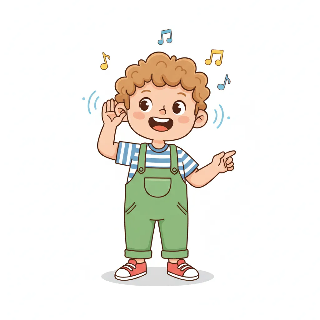 Ein fröhliches Kind im Cartoon-Stil hält die Hand ans Ohr und hört aufmerksam zu. Das Kind lächelt. Helle, freundliche Farben. Kindgerechter Illustrationsstil im Cartoon-Stil auf weißem Hintergrund.