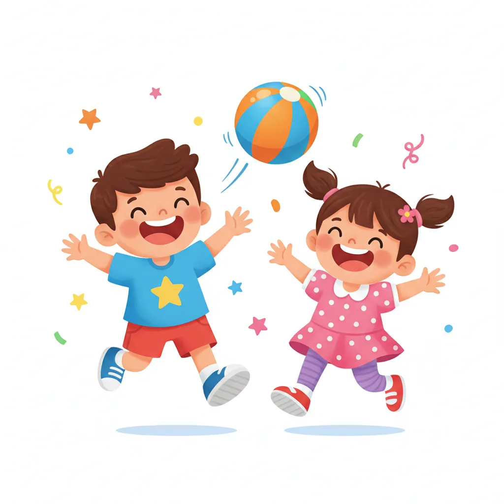 Zwei fröhliche Kinder im Cartoon-Stil spielen zusammen mit einem Ball. Sie laufen und lachen. Helle, bunte Farben. Kindgerechter Illustrationsstil im Cartoon-Stil auf weißem Hintergrund.