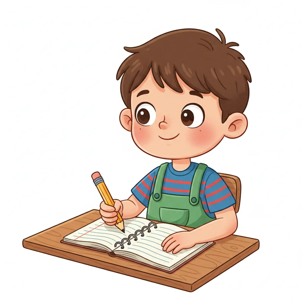 Ein Kind sitzt an einem Tisch mit Stift und Heft. Es schaut aufmerksam nach vorne und hört zu. Das Kind lächelt freundlich. Kindgerechter Illustrationsstil im Cartoon-Stil auf weißem Hintergrund.