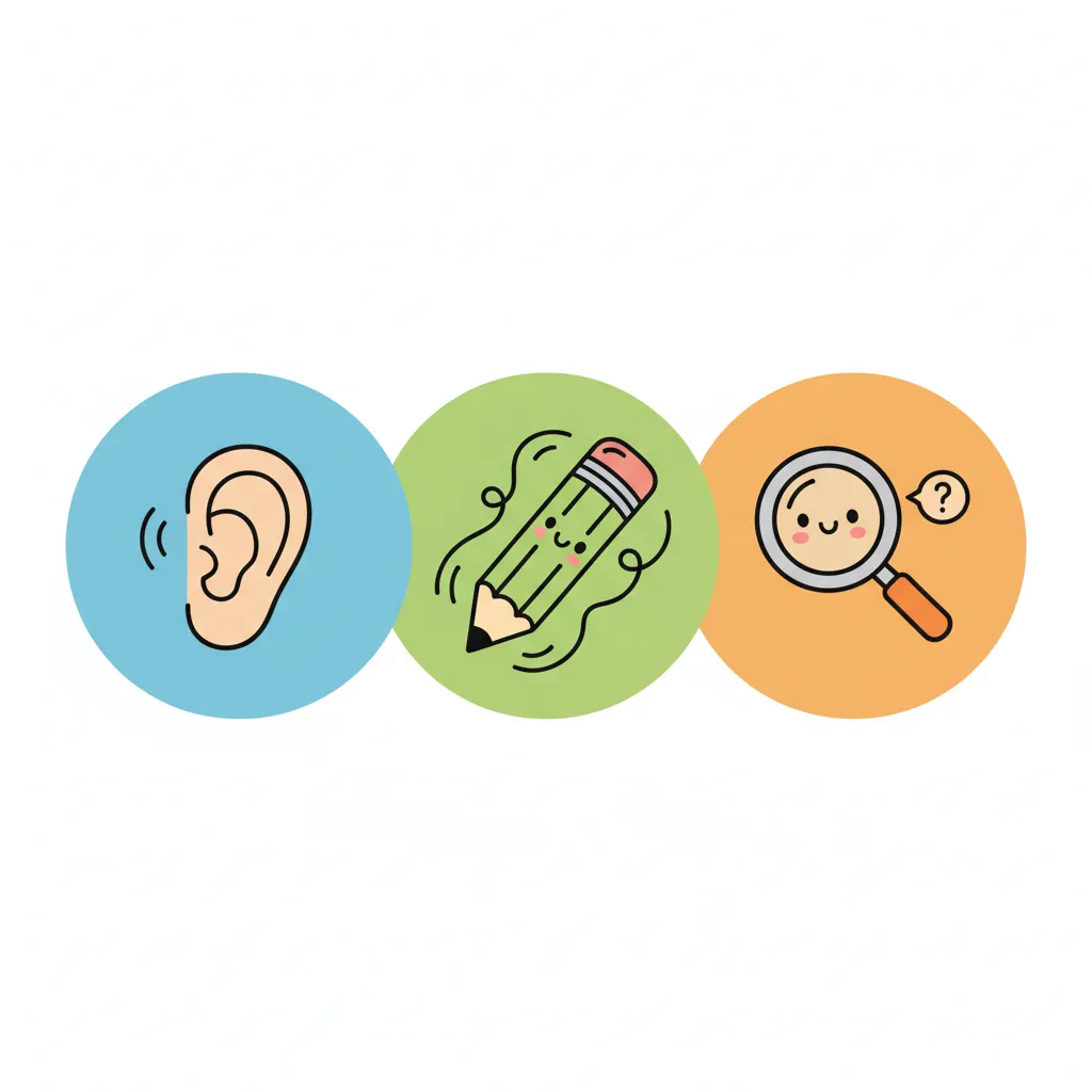 Drei große Kreise nebeneinander. Im ersten Kreis ist ein Ohr (Zuhören). Im zweiten Kreis ist ein Stift (Schreiben). Im dritten Kreis ist eine Lupe (Prüfen). Die Kreise haben die Farben blau, grün und orange. Kindgerechter Illustrationsstil im Cartoon-Stil auf weißem Hintergrund.