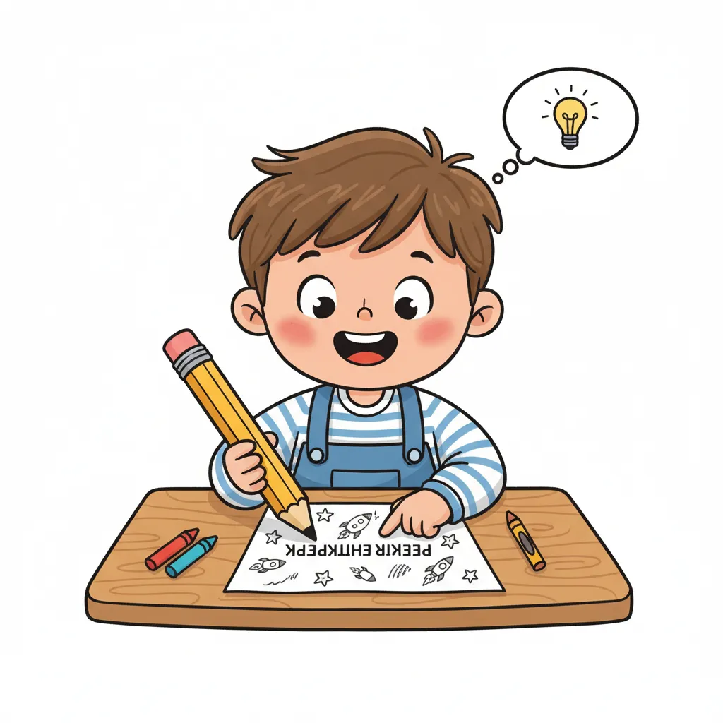 Ein Kind sitzt am Tisch und schaut konzentriert auf ein Blatt Papier. Es hält einen Bleistift in der Hand und zeigt auf eine Zeile. Das Kind lächelt dabei. Kindgerechter Illustrationsstil im Cartoon-Stil auf weißem Hintergrund.