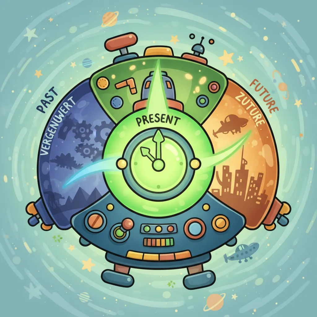 Eine bunte Zeitmaschine im Cartoon-Stil mit drei deutlich sichtbaren Bereichen. Der mittlere Bereich (Gegenwart) leuchtet hell und ist größer. Links ein dunklerer Bereich für Vergangenheit, rechts ein Bereich für Zukunft. In der Mitte steht symbolisch eine Uhr, deren Zeiger auf die Mitte (Gegenwart) zeigen. Kindgerechter Illustrationsstil mit freundlichen Farben (Blau für Vergangenheit, Grün für Gegenwart, Orange für Zukunft).