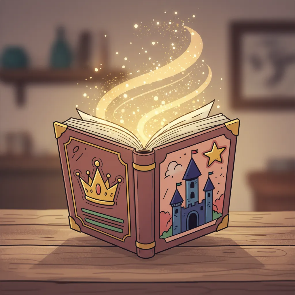 Ein aufgeschlagenes Märchenbuch im Cartoon-Stil mit einem magischen goldenen Schimmer, der aus den Seiten aufsteigt. Auf dem Buchdeckel sind märchenhafte Symbole zu sehen: eine Krone, ein Schloss, ein Stern. Das Buch liegt auf einem Holztisch. Keine lesbaren Texte oder Wörter auf den Seiten, nur angedeutete Linien. Warme, märchenhafte Farben (Gold, Dunkelblau, Lila). Kindgerechter Illustrationsstil im Cartoon-Stil.